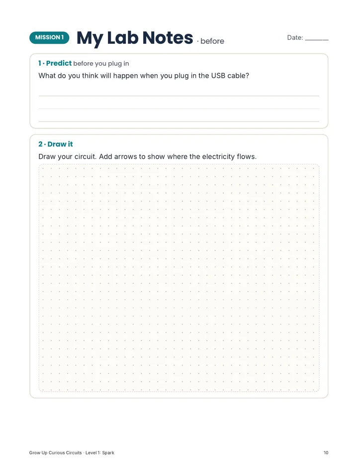 Spark, My Lab Notes page: predict before you plug in, and draw it